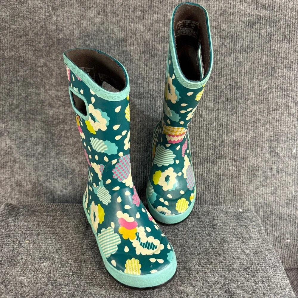 Bogs Rainit Clouds Teal Green Waterproof Rain Boots Youth Size 3 72379-440